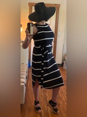 GAP Black & White Striped Tie-Waist Midi Dress, size L, NWT